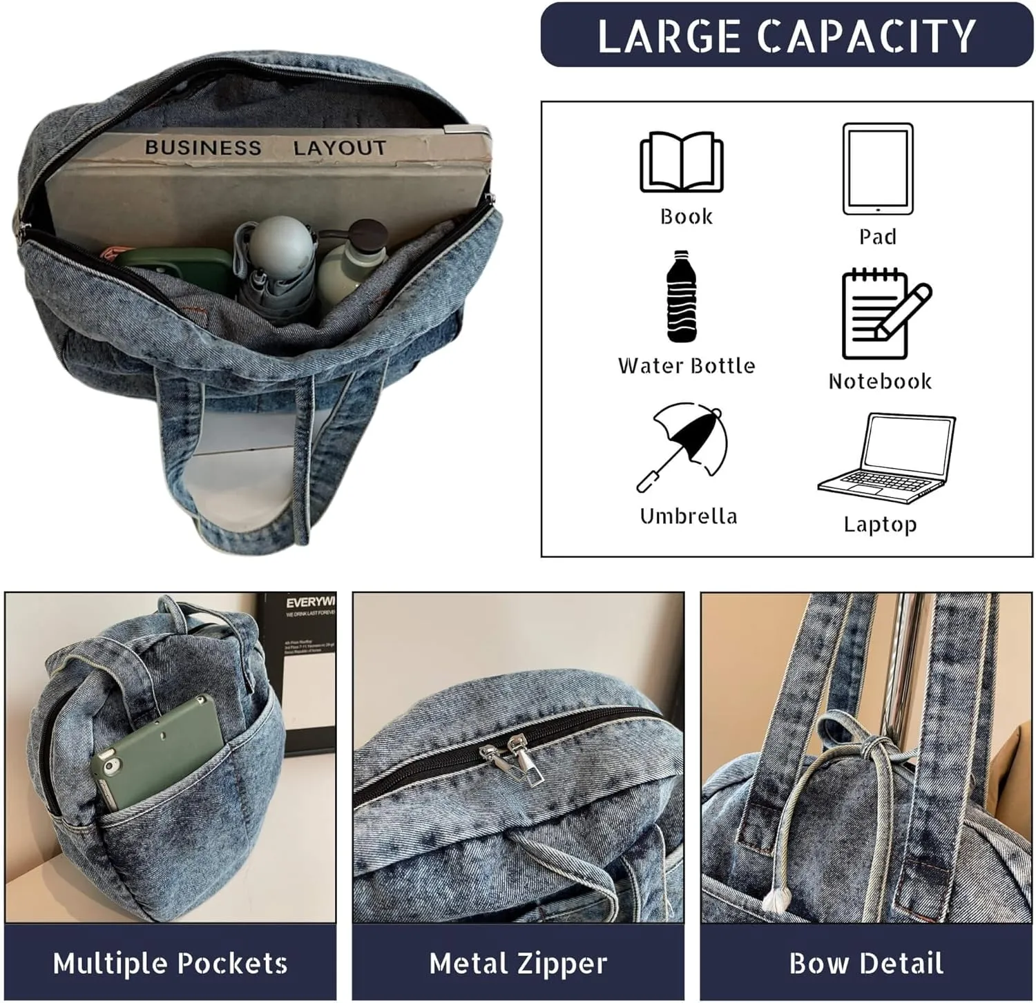 Stylish Round Denim Shoulder Bag with Bow, Lightweight Tote Bag for Women, Casual Retro Aesthetic Handbag for Work Travel