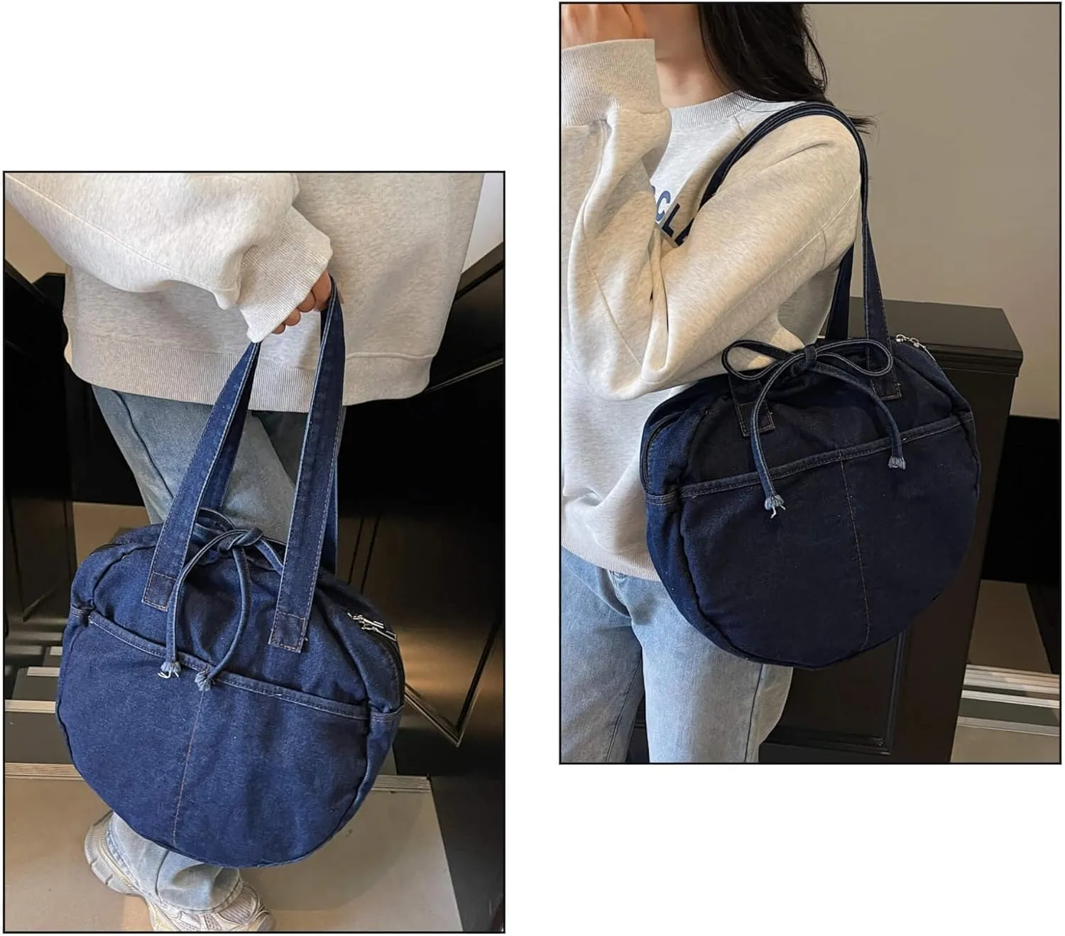 Stylish Round Denim Shoulder Bag with Bow, Lightweight Tote Bag for Women, Casual Retro Aesthetic Handbag for Work Travel