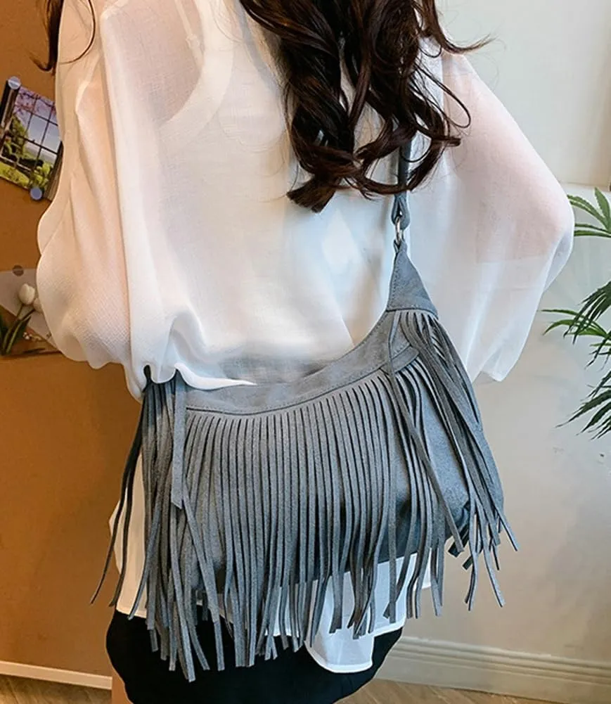Stylish Suede Hobo Bag for Women Retro Shoulder Bag Large Capacity Tassel Hippie Crossbody Bag with Exquisite Fringe 2024