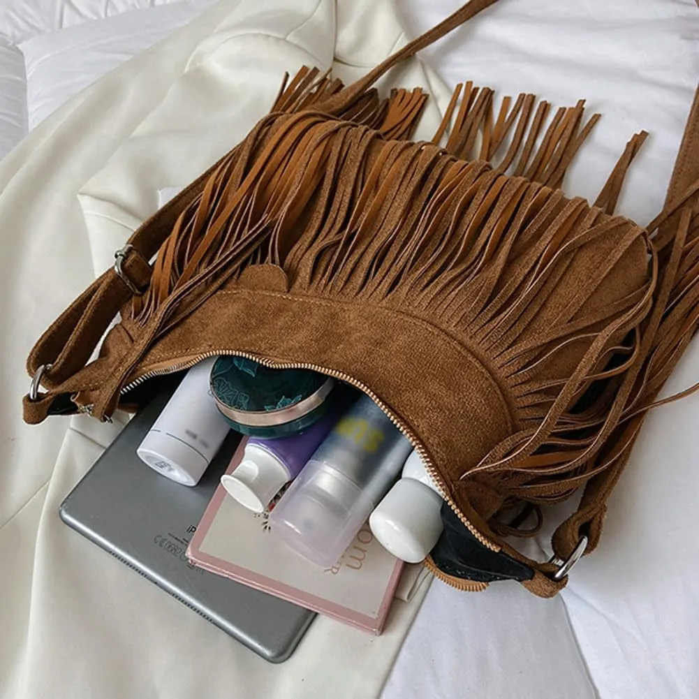 Stylish Suede Hobo Bag for Women Retro Shoulder Bag Large Capacity Tassel Hippie Crossbody Bag with Exquisite Fringe 2024