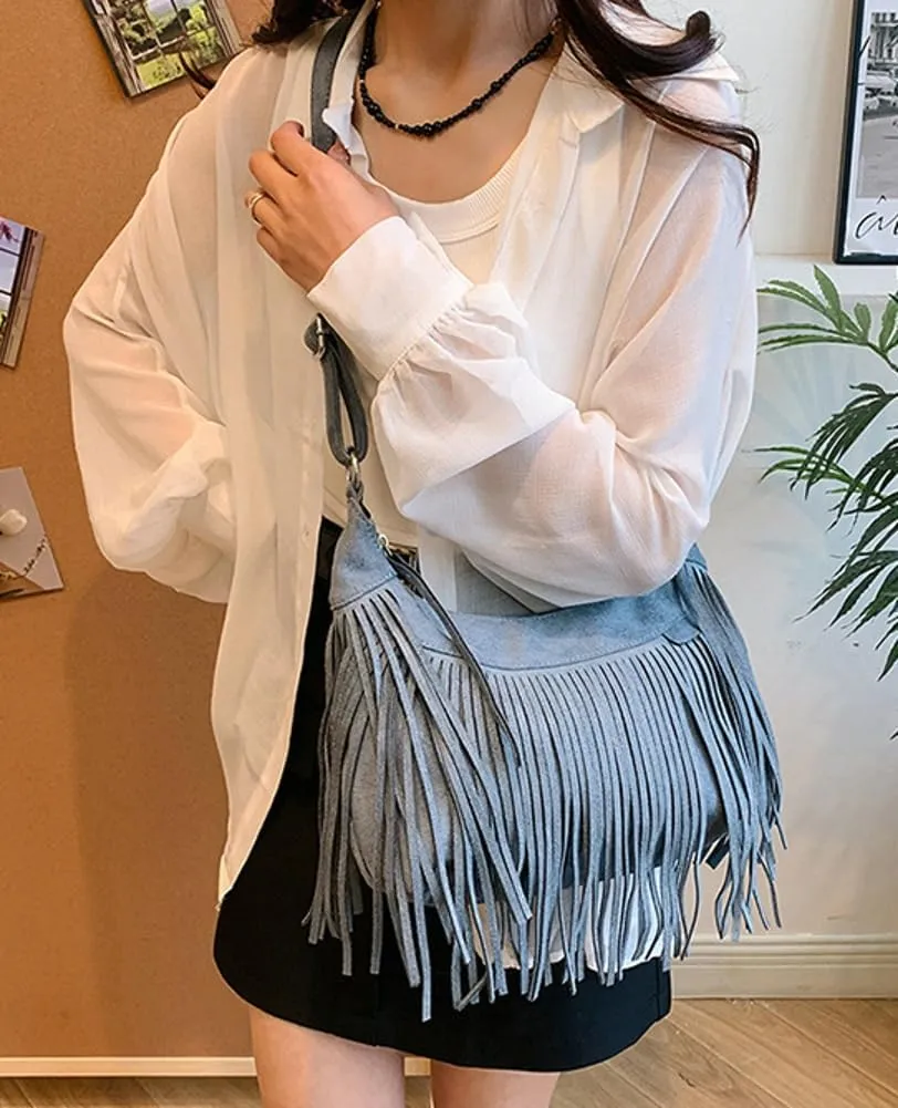 Stylish Suede Hobo Bag for Women Retro Shoulder Bag Large Capacity Tassel Hippie Crossbody Bag with Exquisite Fringe 2024