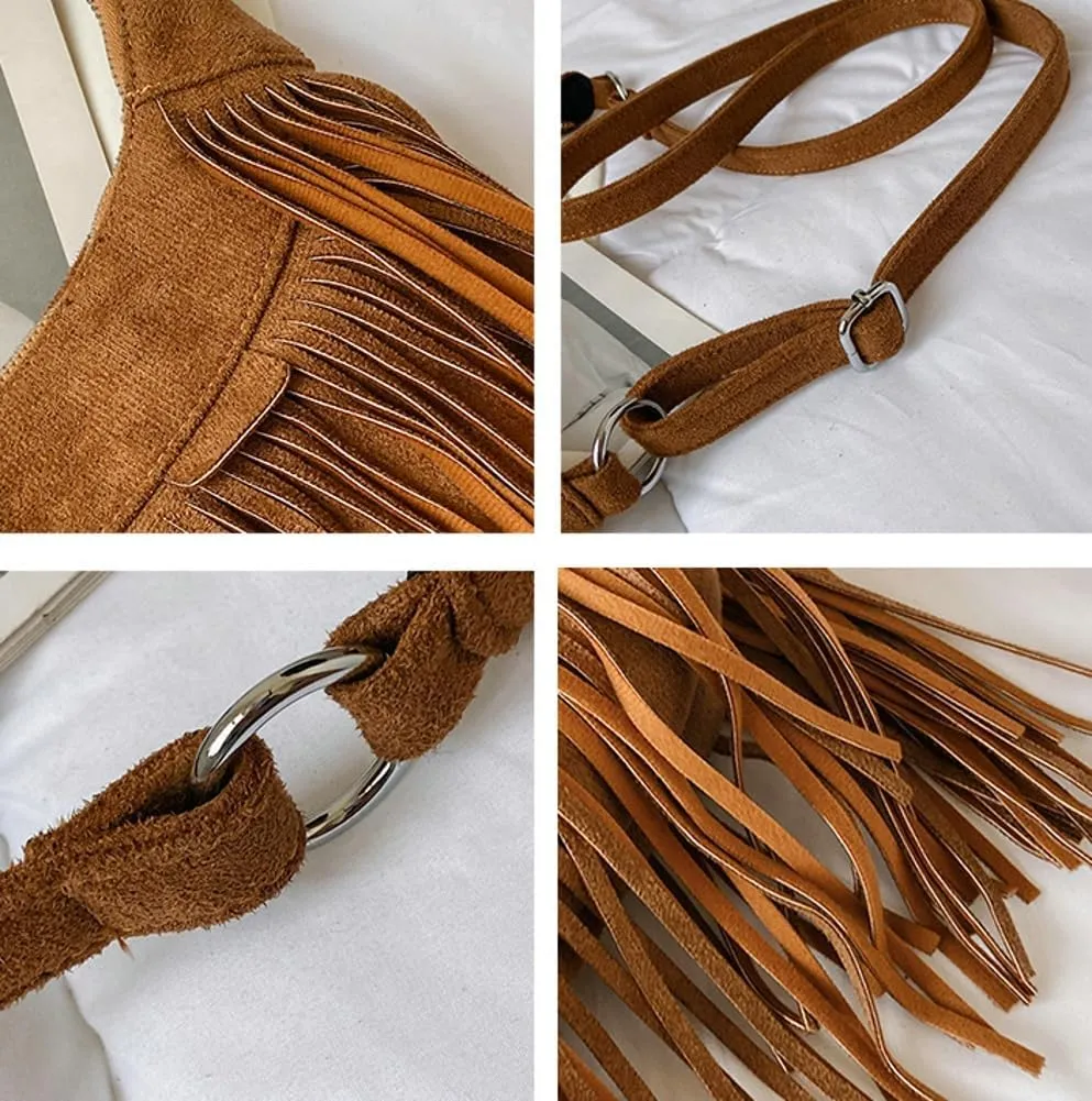 Stylish Suede Hobo Bag for Women Retro Shoulder Bag Large Capacity Tassel Hippie Crossbody Bag with Exquisite Fringe 2024