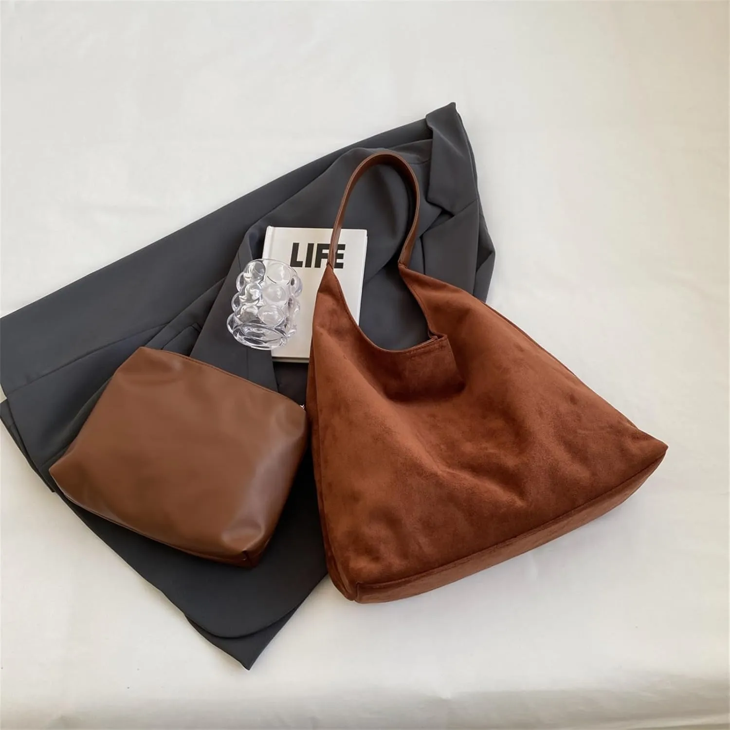 Suede Bags for Women Retro Tote Bag Suede Slouchy Bag Hobo Handbag Office Bags Tote Handbag-With Pu Leather Clutch Purse