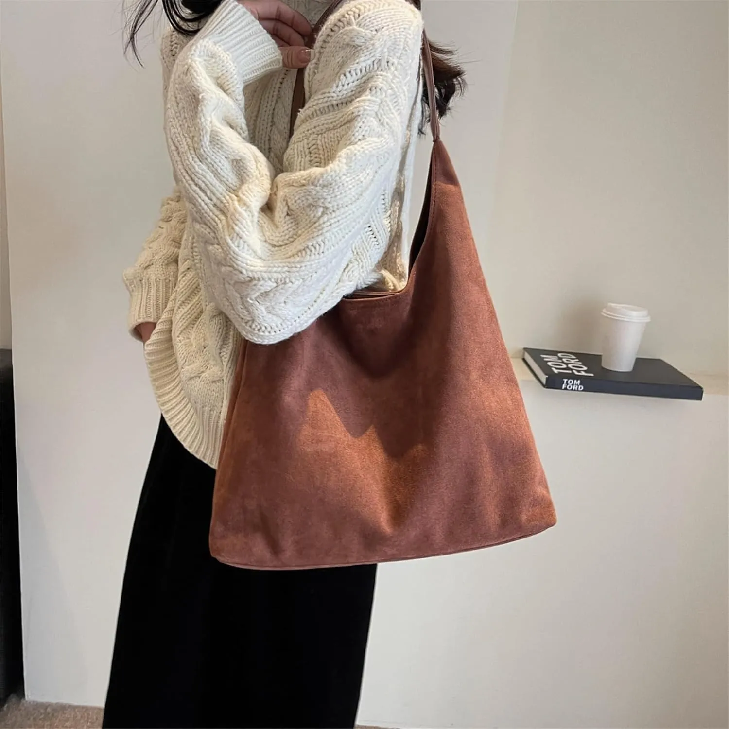 Suede Bags for Women Retro Tote Bag Suede Slouchy Bag Hobo Handbag Office Bags Tote Handbag-With Pu Leather Clutch Purse