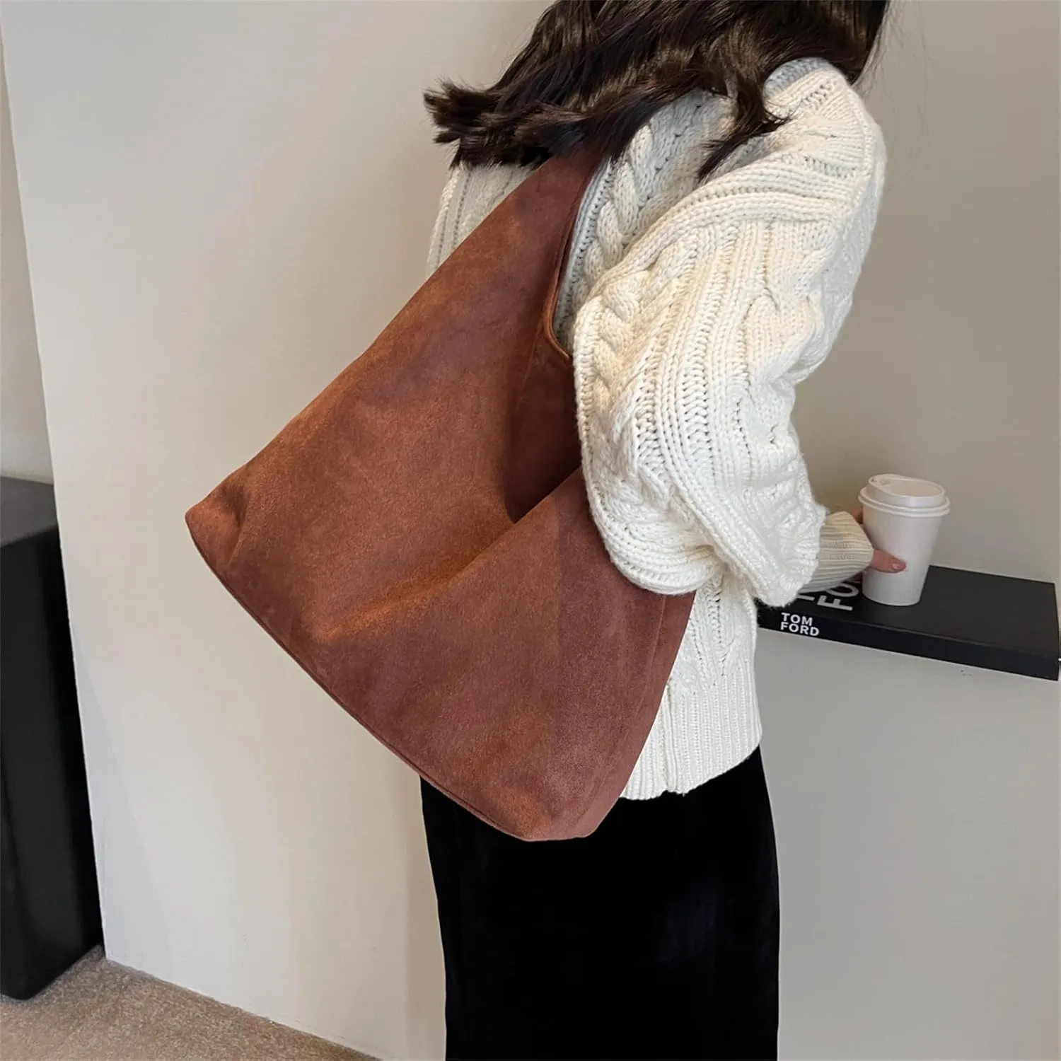 Suede Bags for Women Retro Tote Bag Suede Slouchy Bag Hobo Handbag Office Bags Tote Handbag-With Pu Leather Clutch Purse