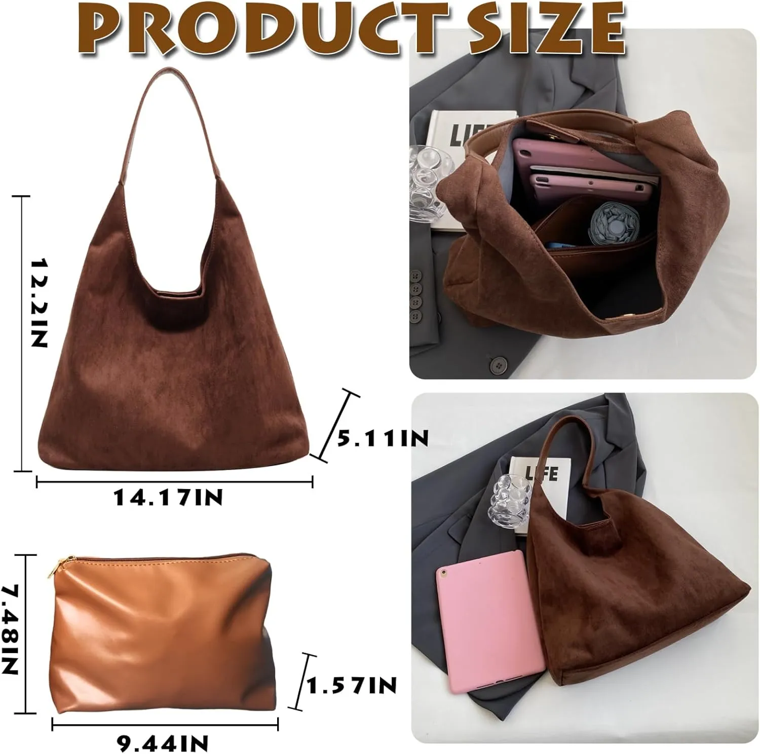 Suede Bags for Women Retro Tote Bag Suede Slouchy Bag Hobo Handbag Office Bags Tote Handbag-With Pu Leather Clutch Purse