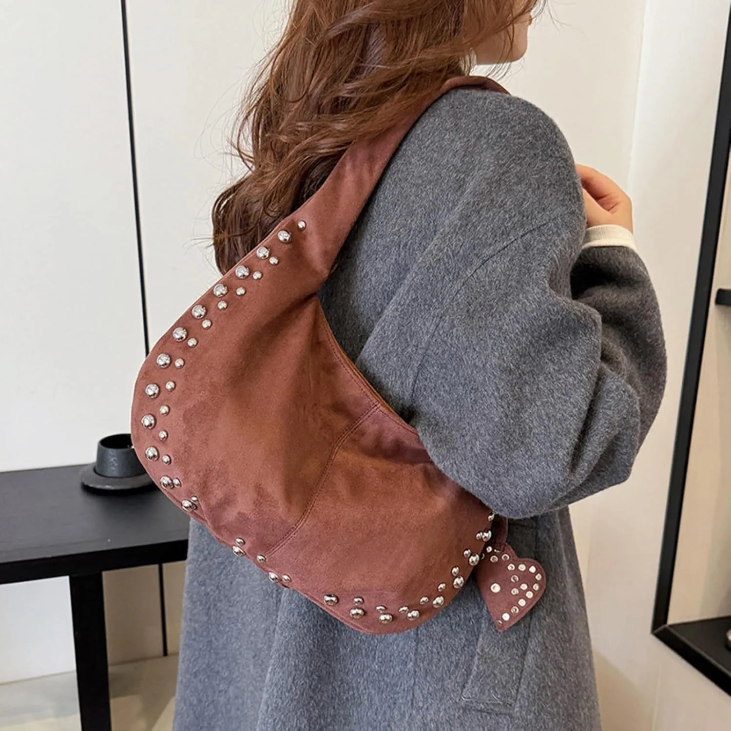 Suede Handbag Studded Purse Y2k Suede Hobo Bag Vegan Leather Shoulder Purse Fall Accessories 2000s Streetwear