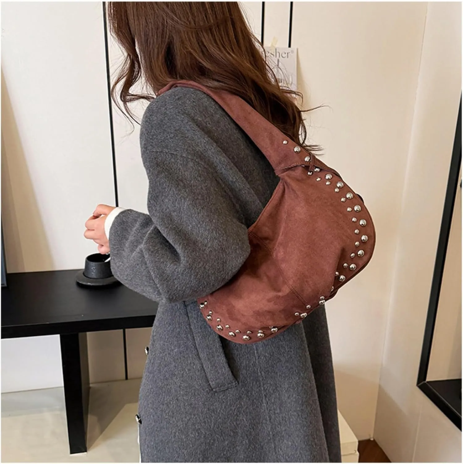 Suede Handbag Studded Purse Y2k Suede Hobo Bag Vegan Leather Shoulder Purse Fall Accessories 2000s Streetwear