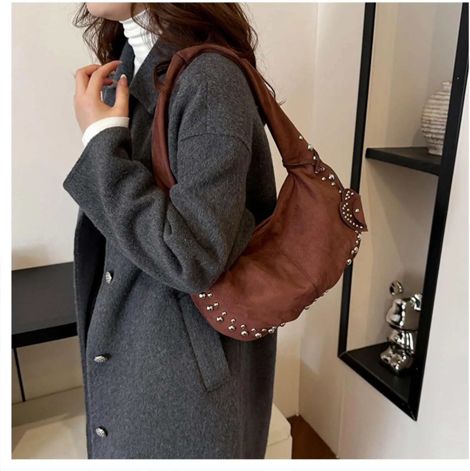 Suede Handbag Studded Purse Y2k Suede Hobo Bag Vegan Leather Shoulder Purse Fall Accessories 2000s Streetwear