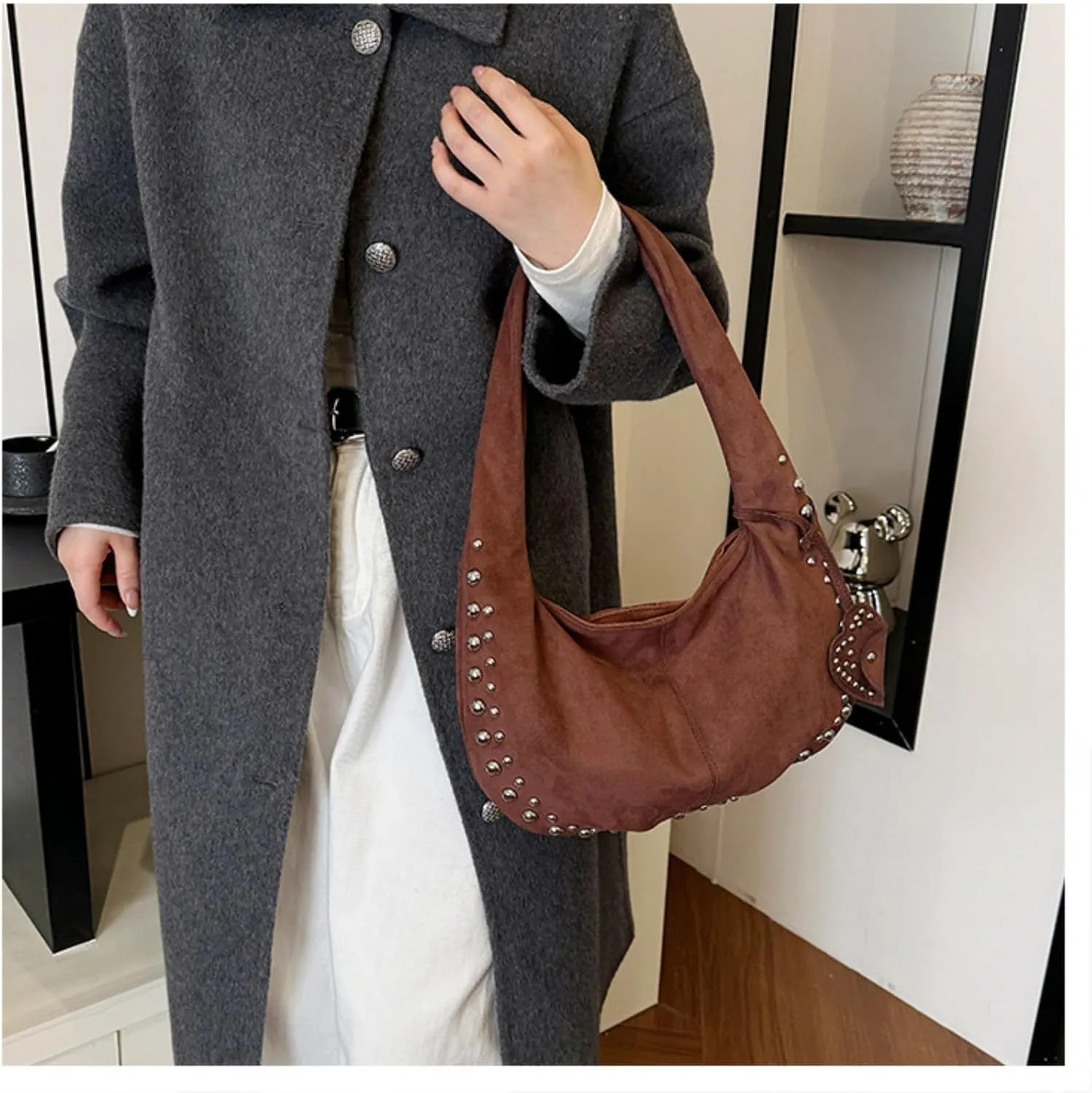 Suede Handbag Studded Purse Y2k Suede Hobo Bag Vegan Leather Shoulder Purse Fall Accessories 2000s Streetwear