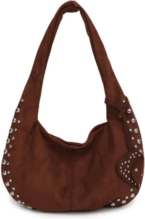 Suede Handbag Studded Purse Y2k Suede Hobo Bag Vegan Leather Shoulder Purse Fall Accessories 2000s Streetwear