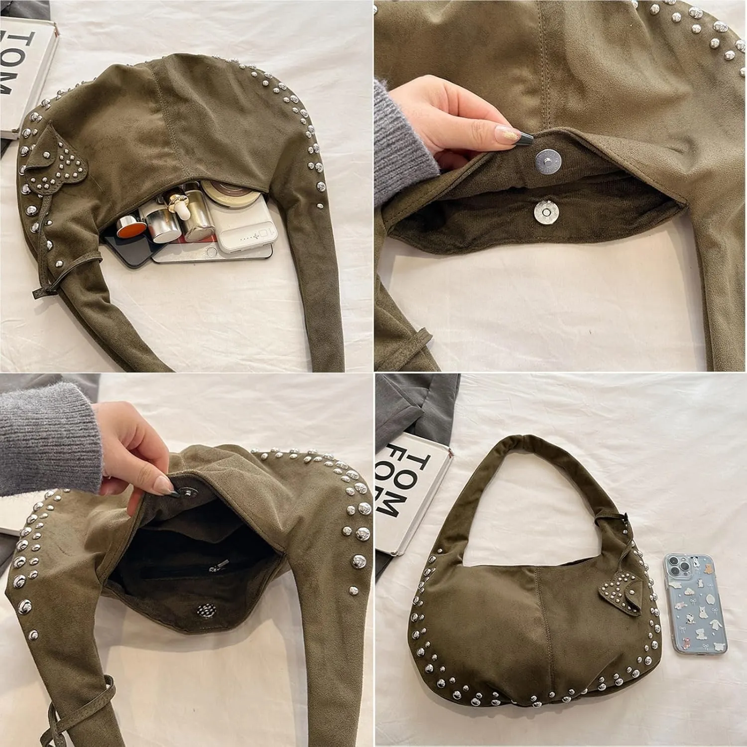 Suede Handbag Studded Purse Y2k Suede Hobo Bag Vegan Leather Shoulder Purse Fall Accessories 2000s Streetwear