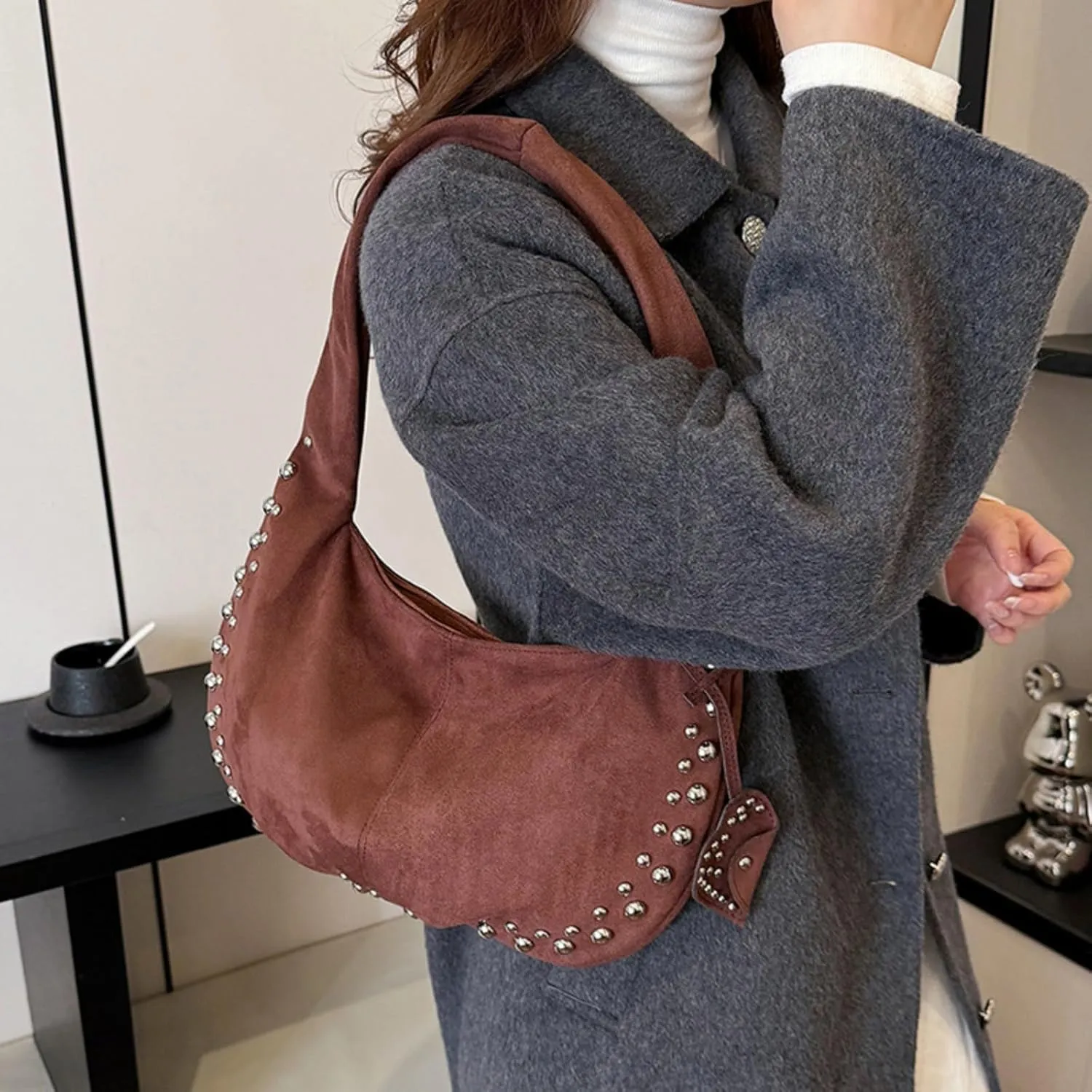 Suede Handbag Studded Purse Y2k Suede Hobo Bag Vegan Leather Shoulder Purse Fall Accessories 2000s Streetwear