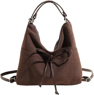 Suede Hobo Bags for Women Brown Suede Purse Large Tote Bag Trendy Shoulder Bag Women's Crossbody Handbags with Bowknot