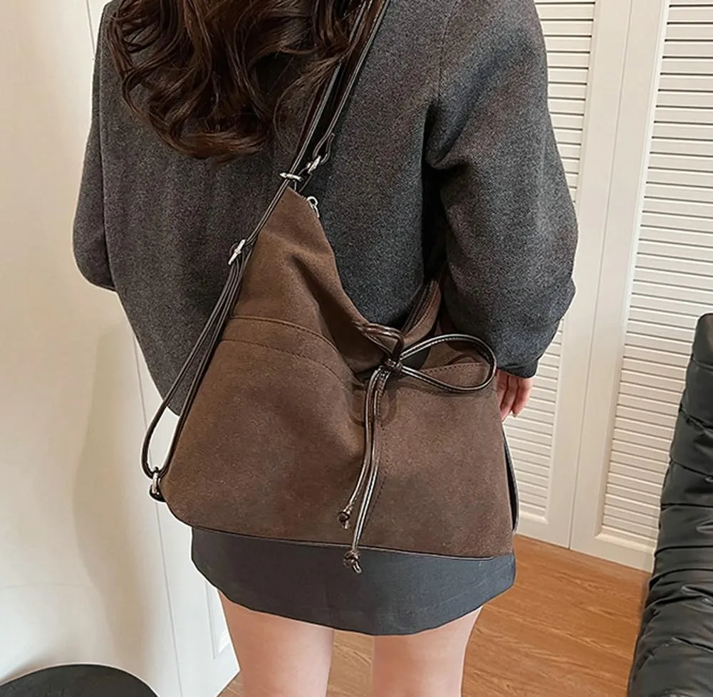 Suede Hobo Bags for Women Brown Suede Purse Large Tote Bag Trendy Shoulder Bag Women's Crossbody Handbags with Bowknot