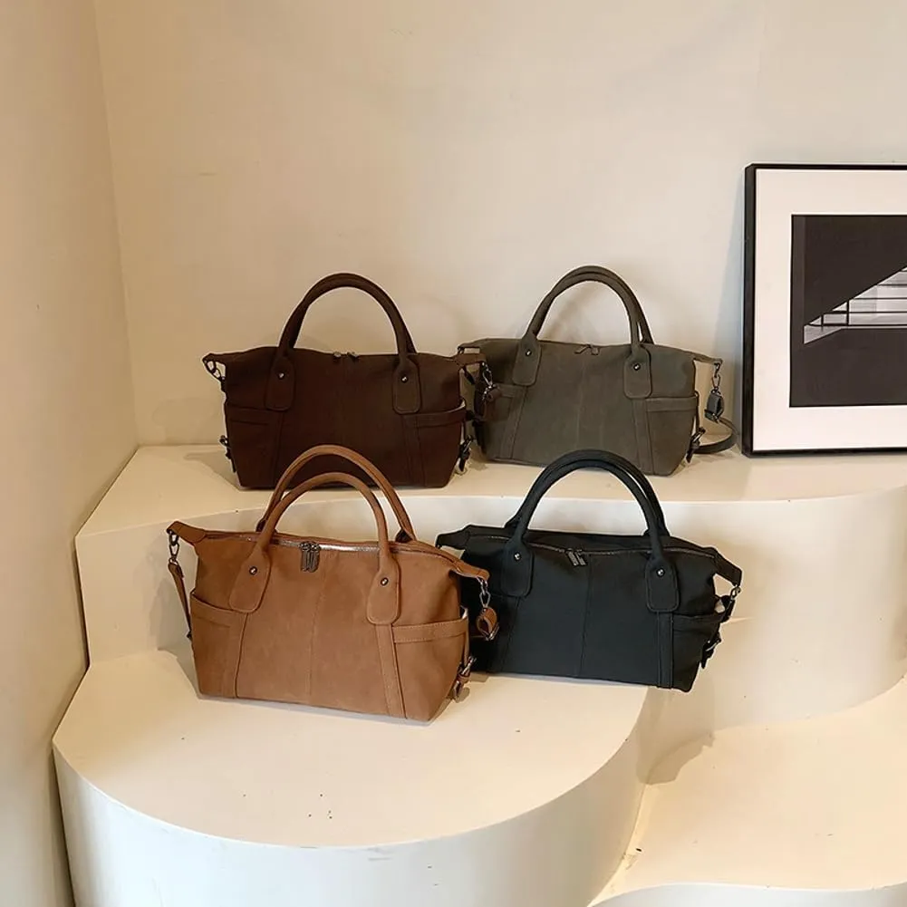 Suede Tote Bag for Women Faux Suede Crossbody Purse Slouchy Shoulder Bag Vintage Top-handle Work Travel Tote Handbag
