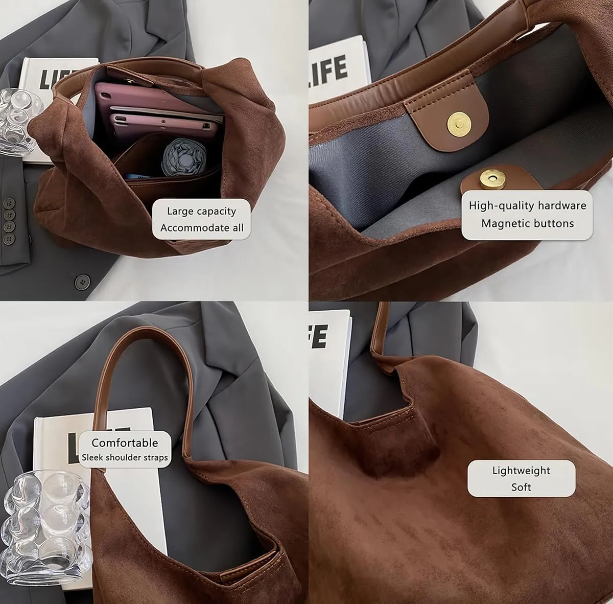 Suede Tote Bag for Women, Trendy Suede Tote Bag Slouchy Bag, Hobo Handbag Office Tote Handbag, Imitation Suede Bag