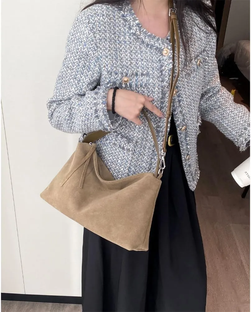 Suede Tote Bags for Women Genuine Leather Suede Purse Handbag Vintage Slouchy Hobo Shoulder Crossbody Bag