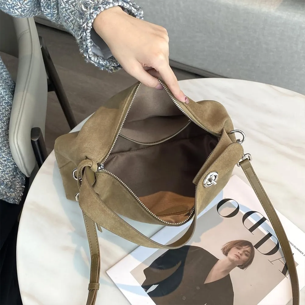 Suede Tote Bags for Women Genuine Leather Suede Purse Handbag Vintage Slouchy Hobo Shoulder Crossbody Bag