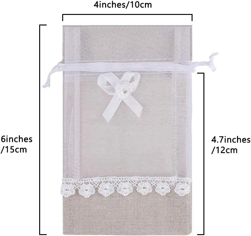 SumDirect Rose Drawstring Burlap Bag - 20pcs 4x6 Inch Lace Jute Organza Favor Gift Bags, Sheer Linen Favor Bags for Wedding