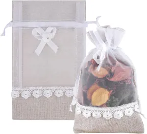 SumDirect Rose Drawstring Burlap Bag - 20pcs 4x6 Inch Lace Jute Organza Favor Gift Bags, Sheer Linen Favor Bags for Wedding
