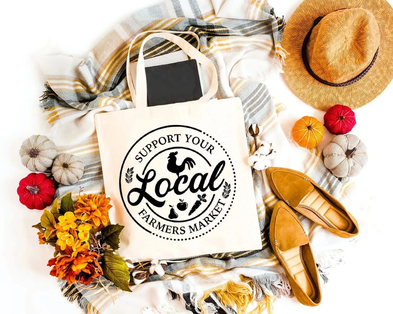 Support Your Local Farmers Market Canvas Tote Bag for Women Aesthetic Reusable Grocery Shoulder Shopping Bags