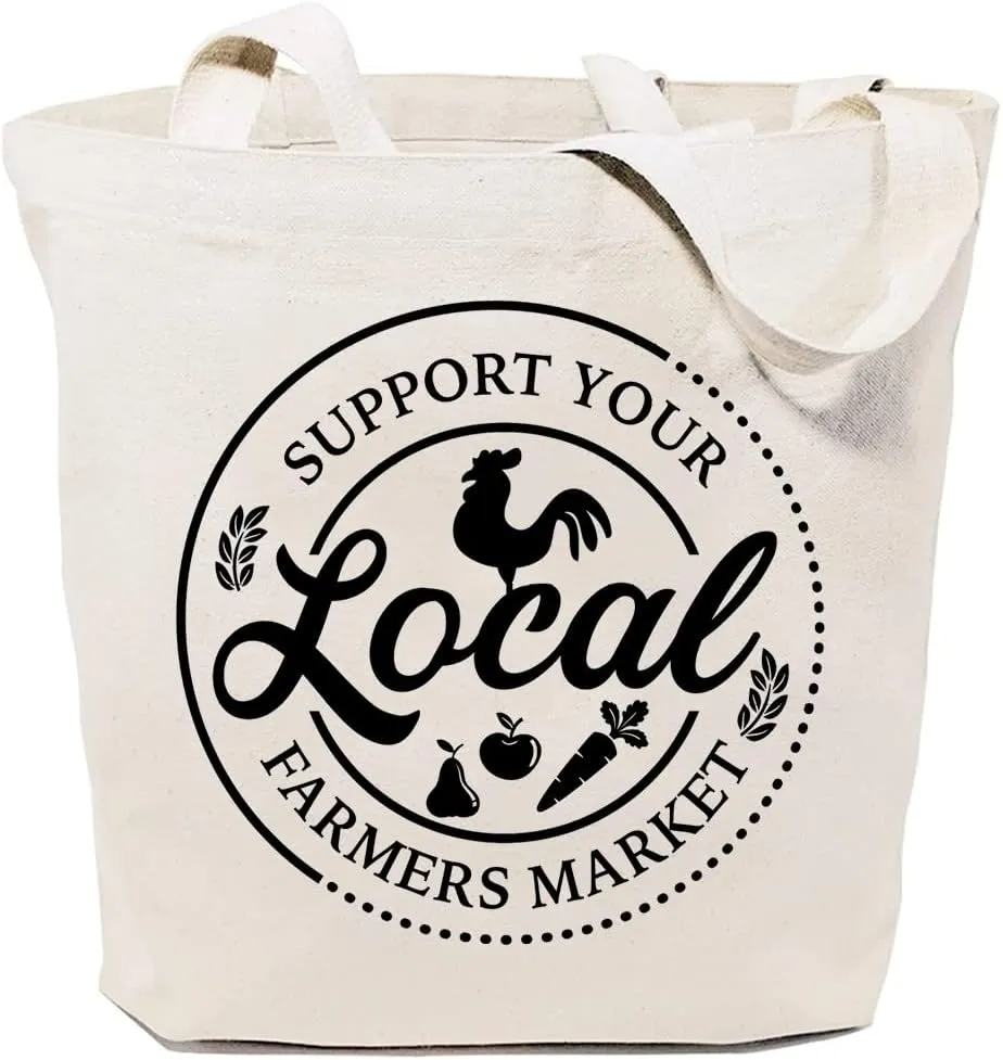 Support Your Local Farmers Market Canvas Tote Bag for Women Aesthetic Reusable Grocery Shoulder Shopping Bags