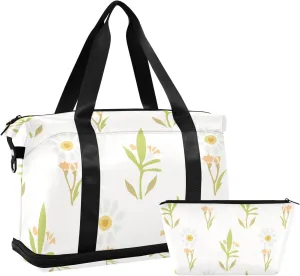 susiyo Travel Duffel Bags for Women, Chamomile Daisy Wildflower Motif Sports Duffel Bags Gym Bags with Shoes Compartment, Tote Bag Weekender Bag for Travelling