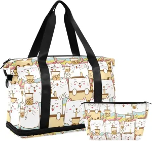 susiyo Travel Duffel Bags for Women, Cute Cat Mermaid Bubble Tea Sports Duffel Bags Gym Bags with Shoes Compartment, Tote Bag Weekender Bag for Travelling