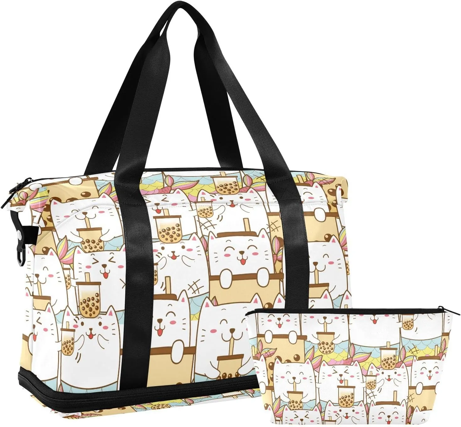 susiyo Travel Duffel Bags for Women, Cute Cat Mermaid Bubble Tea Sports Duffel Bags Gym Bags with Shoes Compartment, Tote Bag Weekender Bag for Travelling