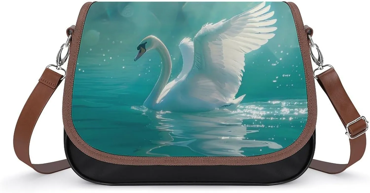 Swan Swimming on The Lake Leather Crossbody Bags for Women Travel Shoulder Backpack Messenger Bag Adjustable Shoulder Strap
