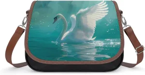 Swan Swimming on The Lake Leather Crossbody Bags for Women Travel Shoulder Backpack Messenger Bag Adjustable Shoulder Strap