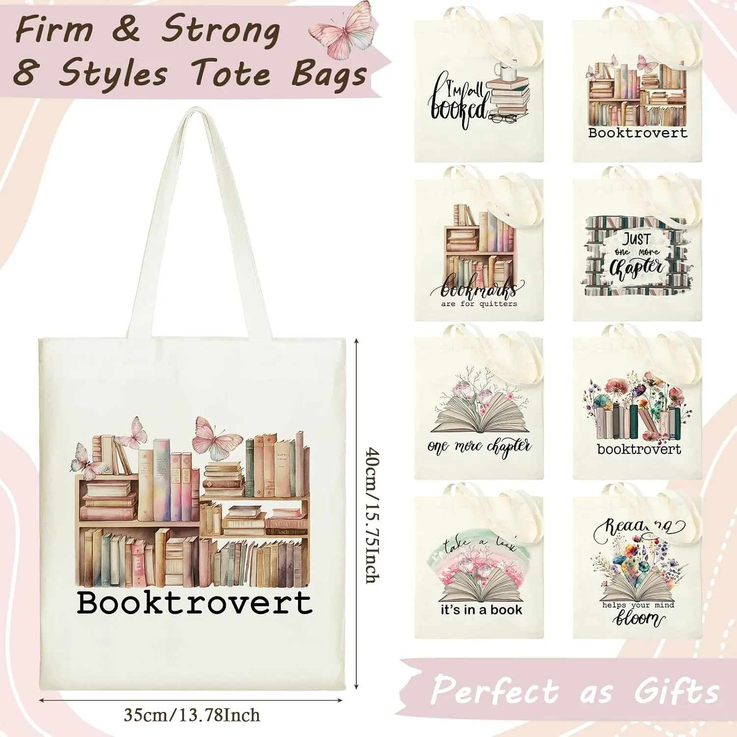 Sweetude 8 Pcs Book Club Gifts Bulk Book Lovers Canvas Tote Bags Easter Christian Bookish Librarian Reader Gifts for Women(Book,Flower)
