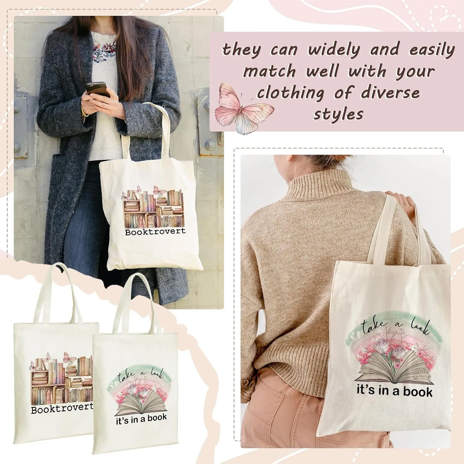 Sweetude 8 Pcs Book Club Gifts Bulk Book Lovers Canvas Tote Bags Easter Christian Bookish Librarian Reader Gifts for Women(Book,Flower)