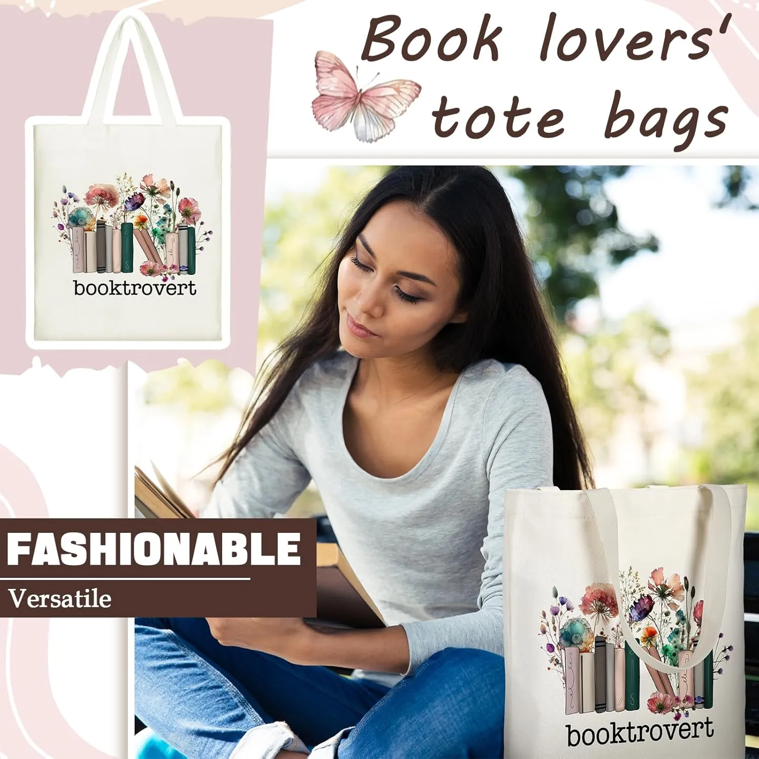 Sweetude 8 Pcs Book Club Gifts Bulk Book Lovers Canvas Tote Bags Easter Christian Bookish Librarian Reader Gifts for Women(Book,Flower)
