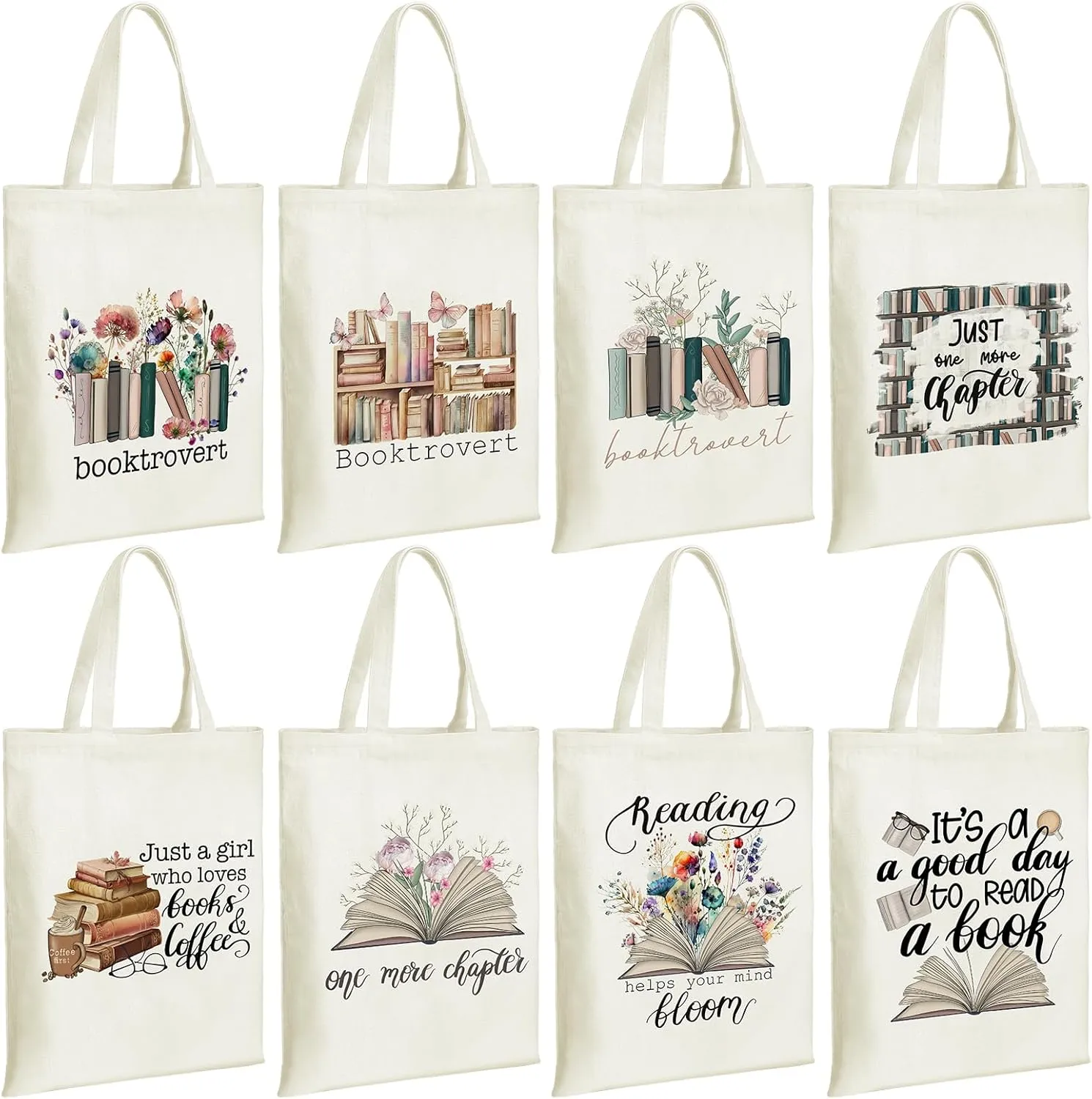 Sweetude 8 Pcs Book Club Gifts Bulk Book Lovers Canvas Tote Bags Easter Christian Bookish Librarian Reader Gifts for Women(Book,Flower)