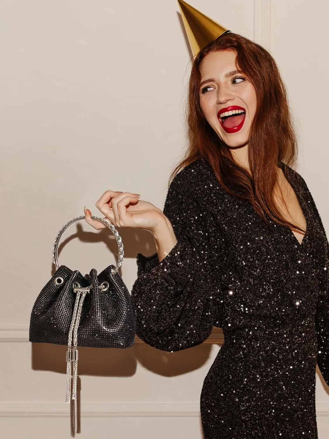 SWEETV Women's Rhinestone Bucket Bag Sparkly Sequin Evening Handbag Purse for Formal/Wedding/Cocktail/Prom/Party/Club