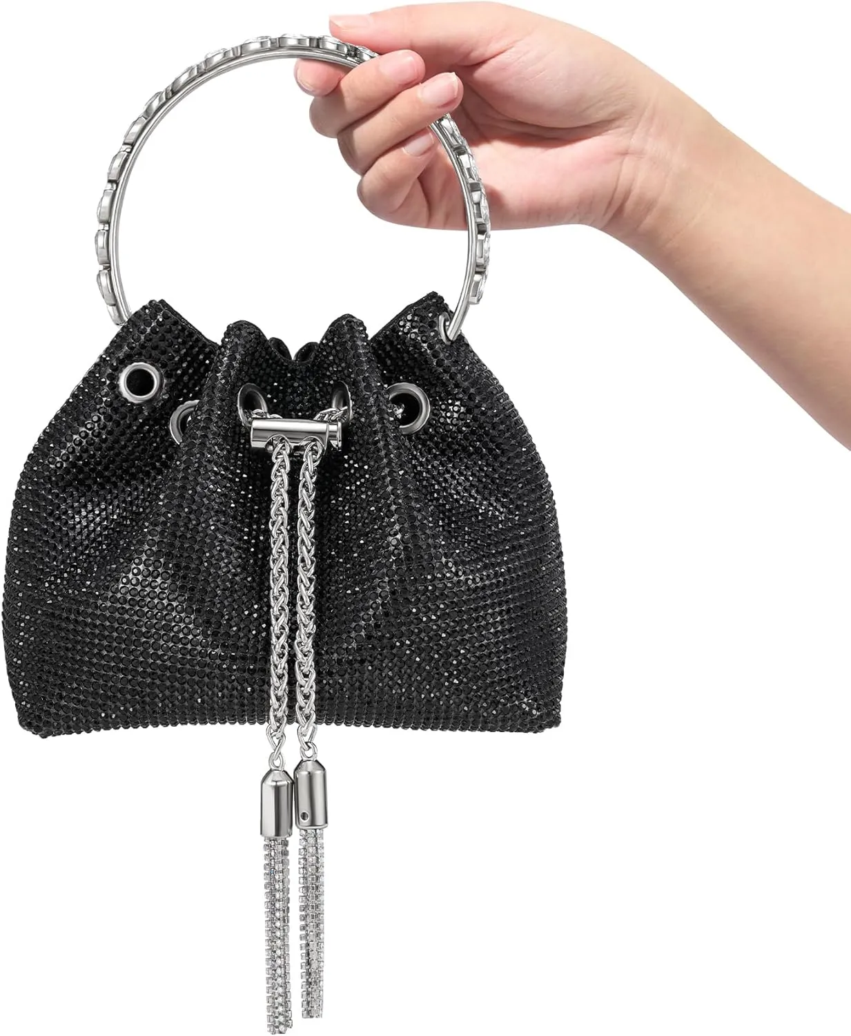 SWEETV Women's Rhinestone Bucket Bag Sparkly Sequin Evening Handbag Purse for Formal/Wedding/Cocktail/Prom/Party/Club