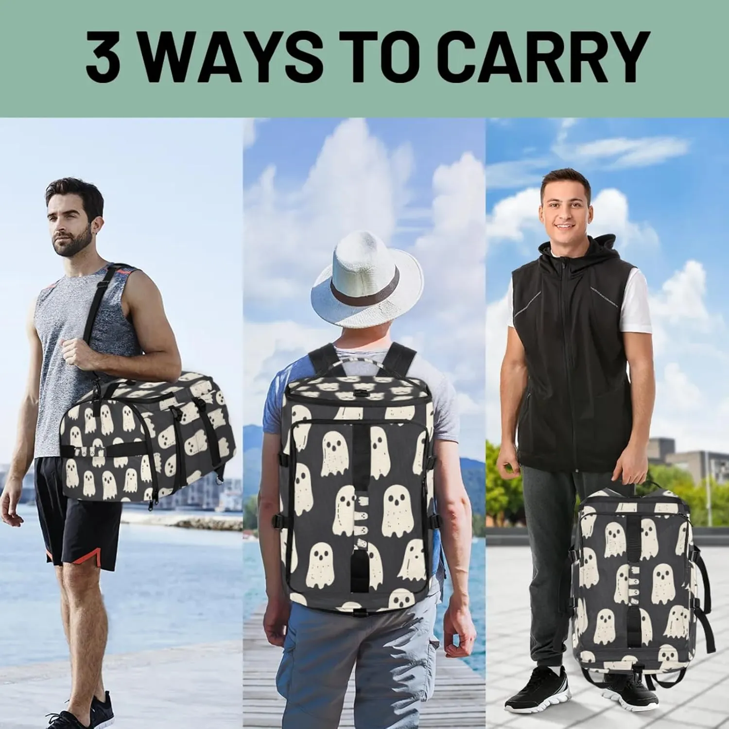 Tactical Sports Duffle Bag for Travel Waterproof Gym Bag with Shoe Compartment 48L Carry On Luggage for Men & Women 3-in-1 Durable Travel Luggage Halloween Ghosts Print