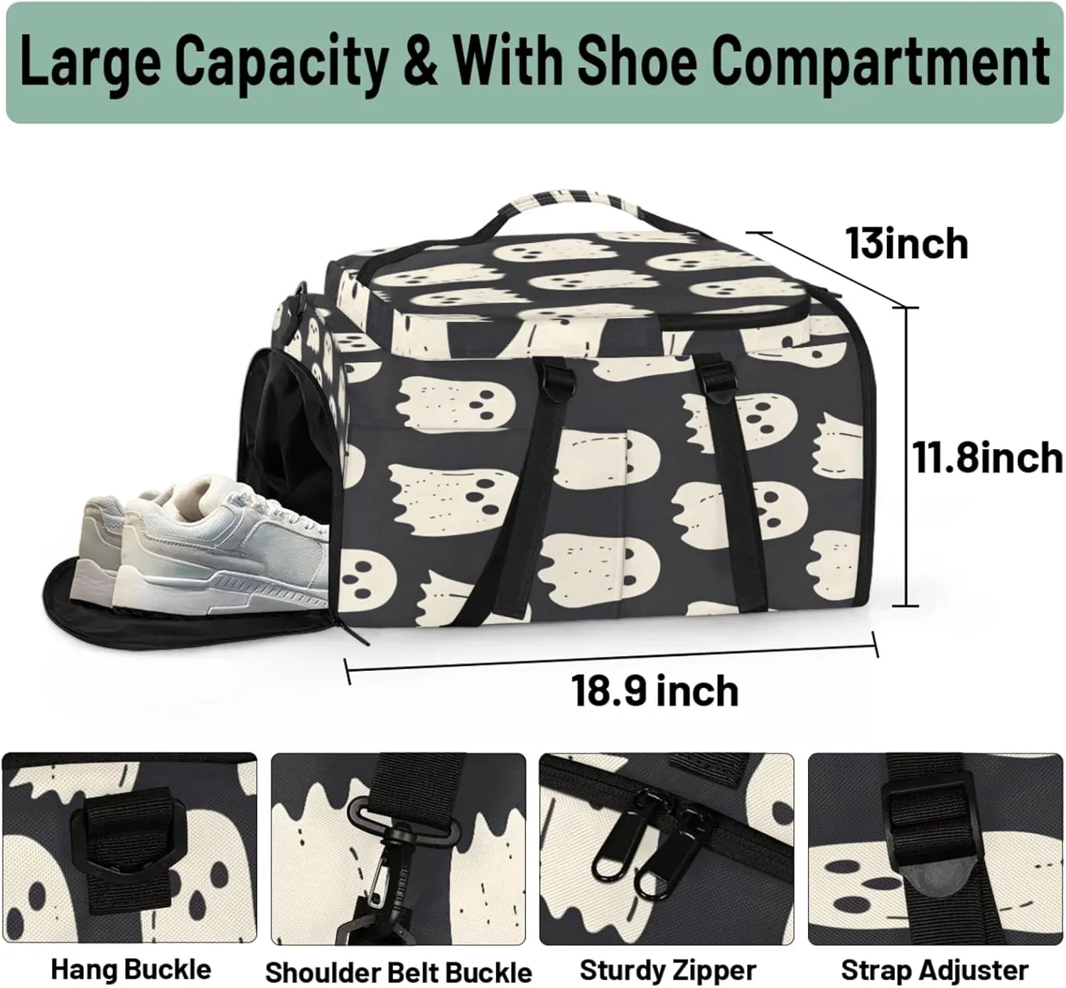 Tactical Sports Duffle Bag for Travel Waterproof Gym Bag with Shoe Compartment 48L Carry On Luggage for Men & Women 3-in-1 Durable Travel Luggage Halloween Ghosts Print