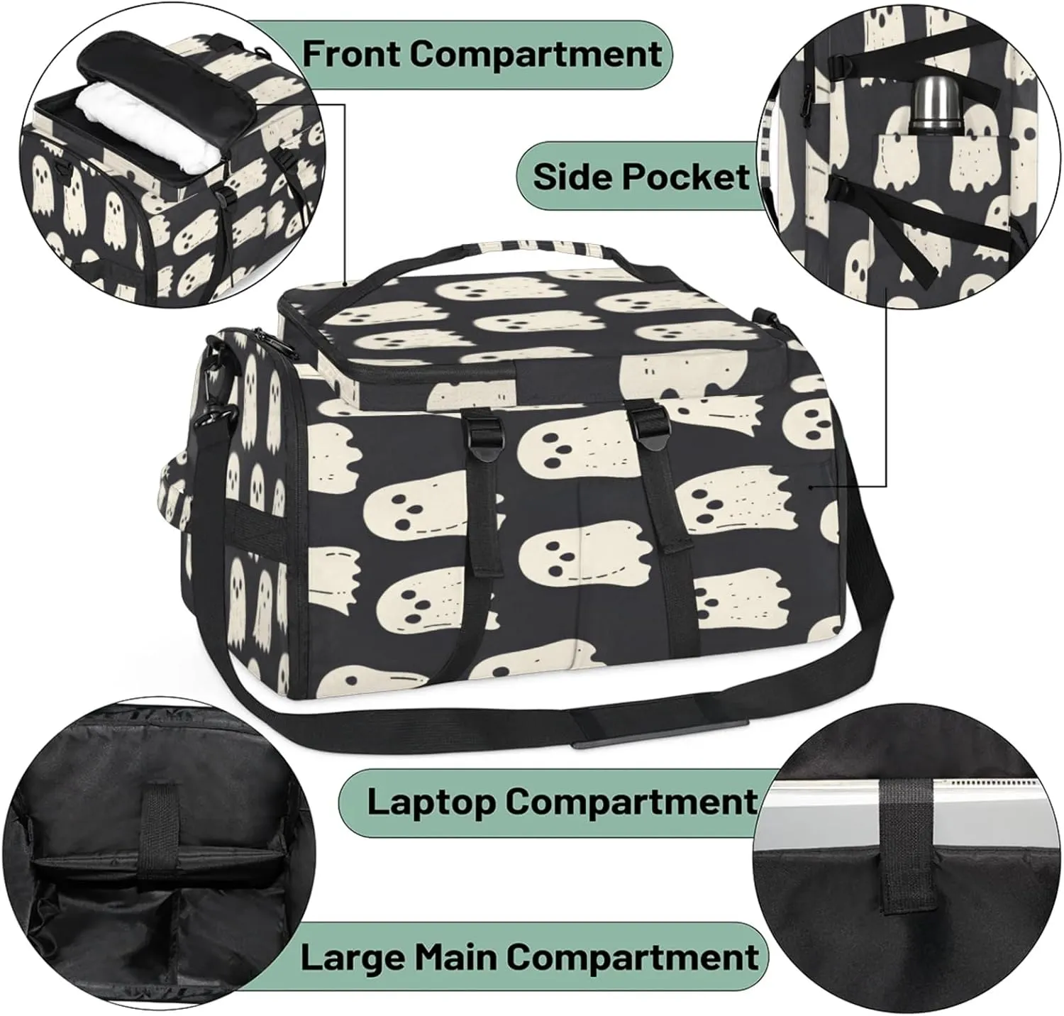 Tactical Sports Duffle Bag for Travel Waterproof Gym Bag with Shoe Compartment 48L Carry On Luggage for Men & Women 3-in-1 Durable Travel Luggage Halloween Ghosts Print