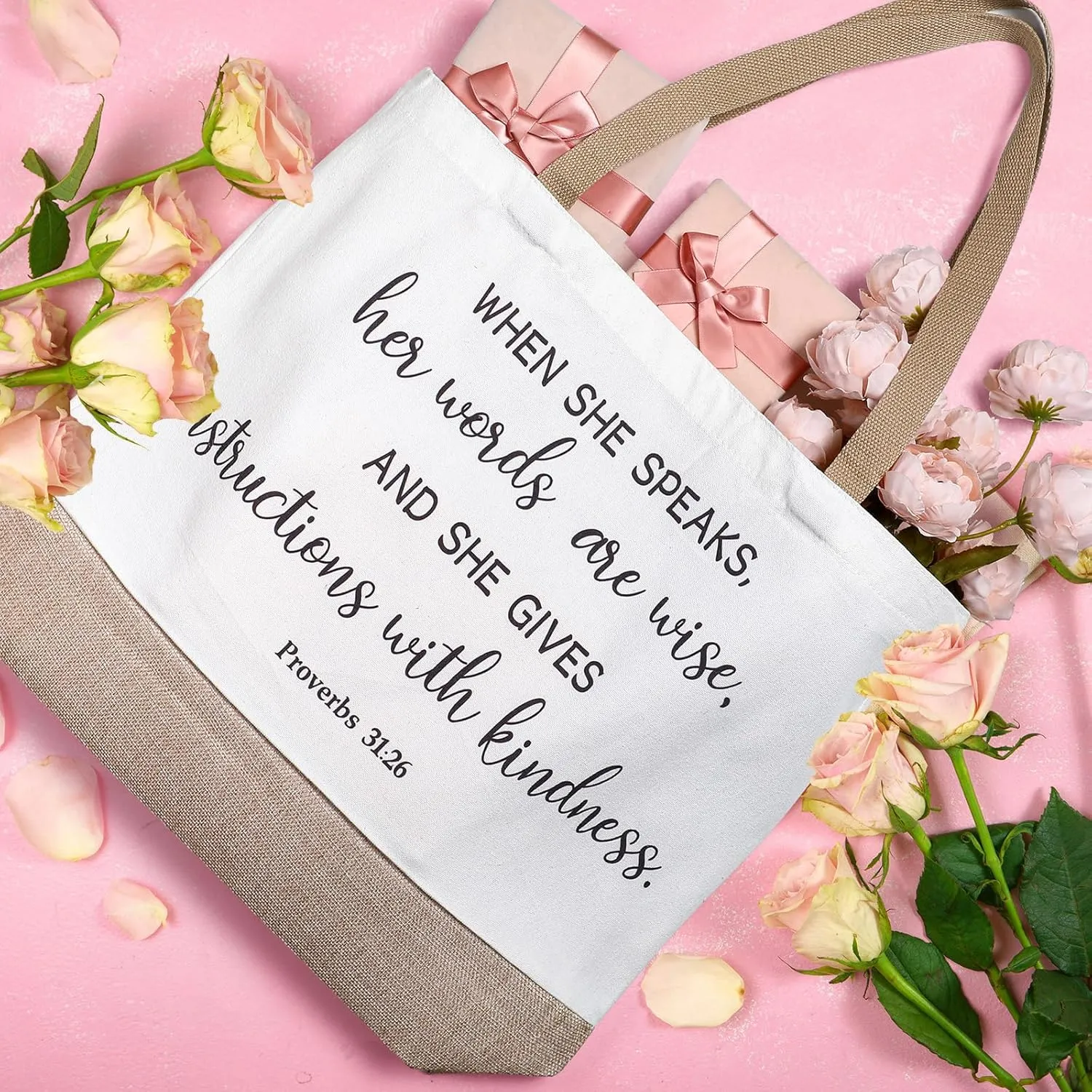Talltalk 10 Pcs Christian Tote Bags Canvas Bible Tote Bulk Religious Large Gift Bags Inspirational Gifts for Women Mothers Day Church Teacher Birthday(Beige)