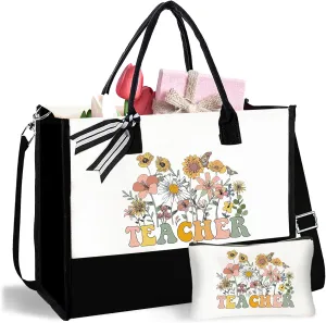 Teacher Appreciation Canvas Tote Bag with Makeup Bag, Funny Birthday Gifts, Shopping Bag for Women, New Teacher Work, Thanksgiving Gifts