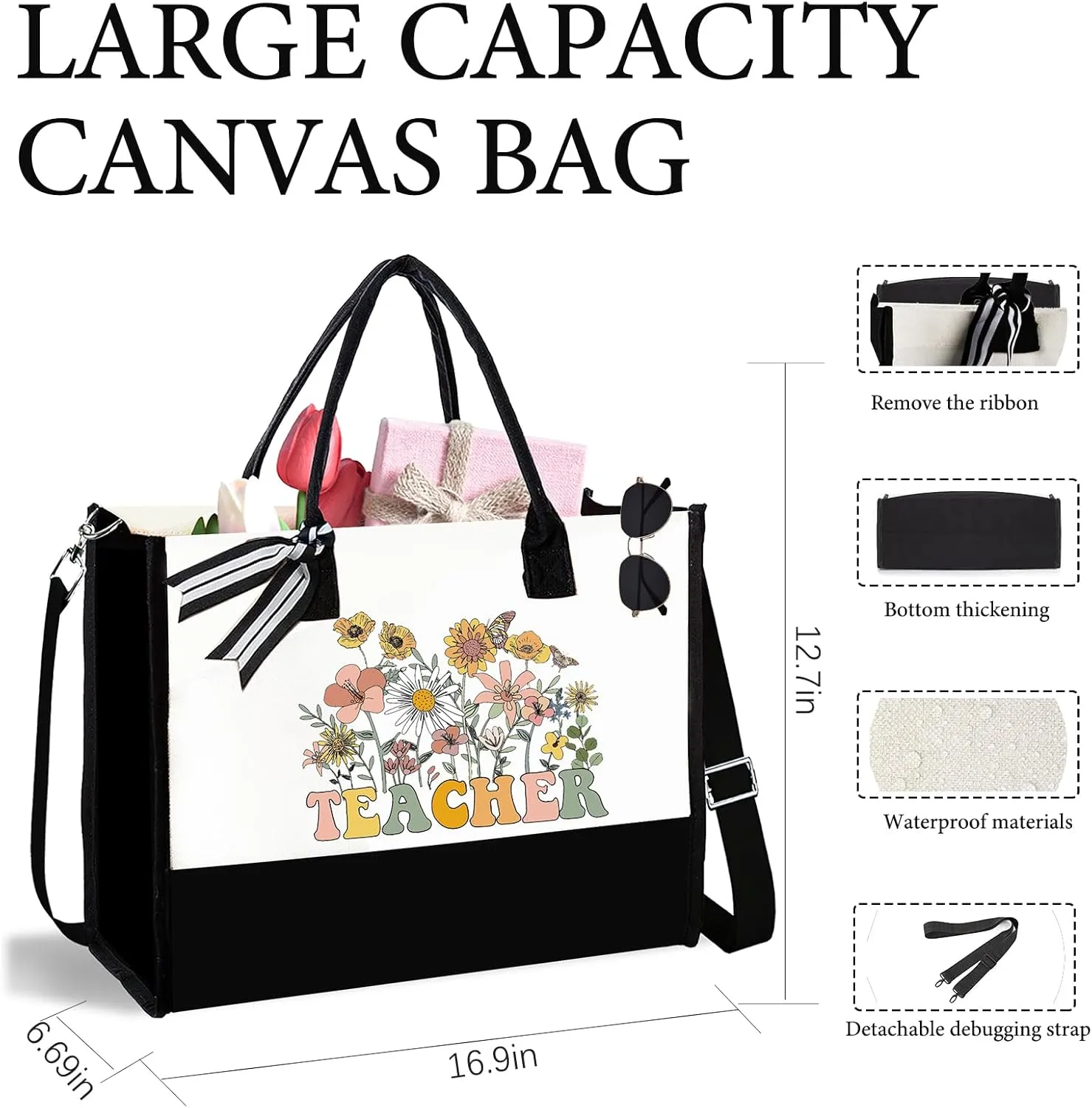 Teacher Appreciation Canvas Tote Bag with Makeup Bag, Funny Birthday Gifts, Shopping Bag for Women, New Teacher Work, Thanksgiving Gifts