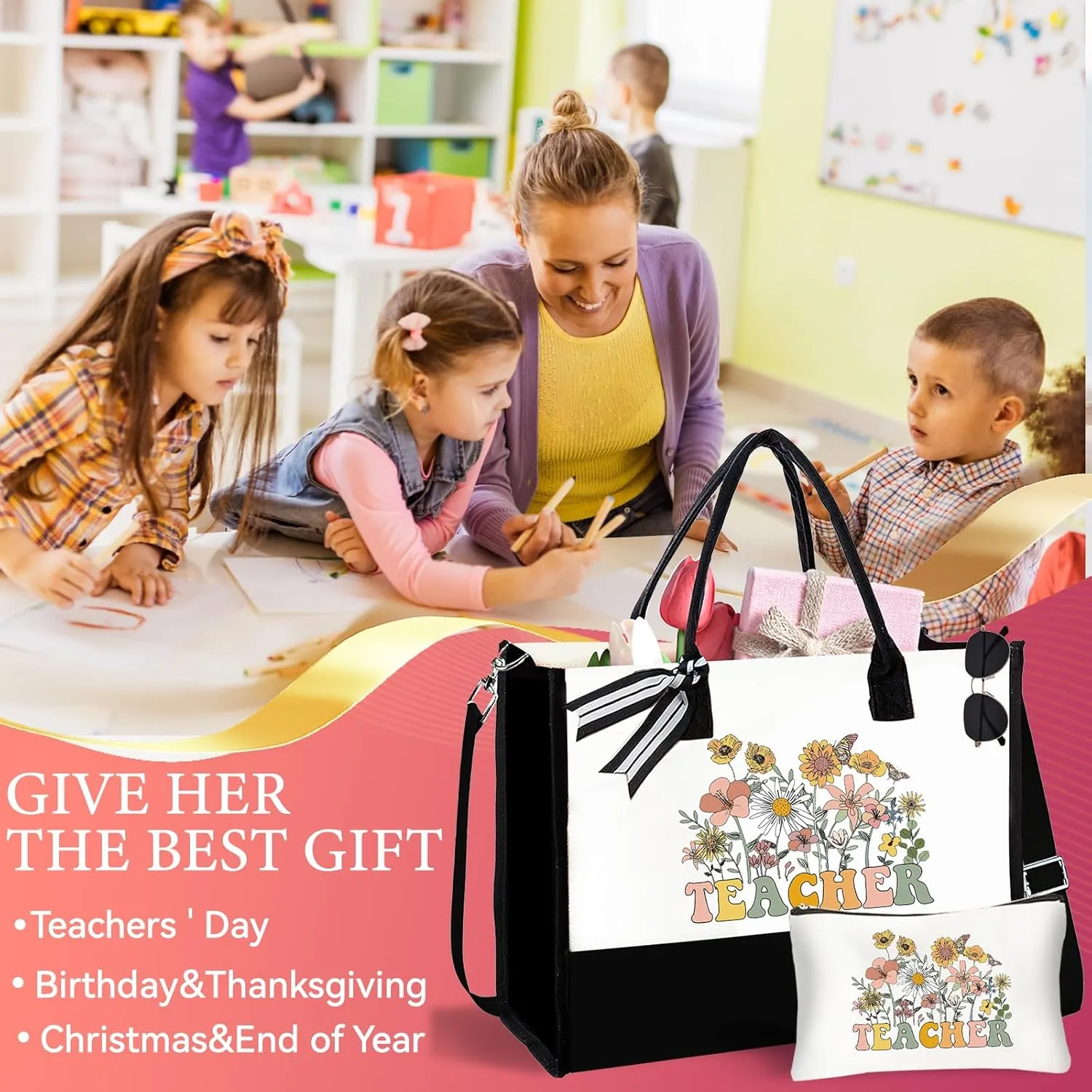 Teacher Appreciation Canvas Tote Bag with Makeup Bag, Funny Birthday Gifts, Shopping Bag for Women, New Teacher Work, Thanksgiving Gifts