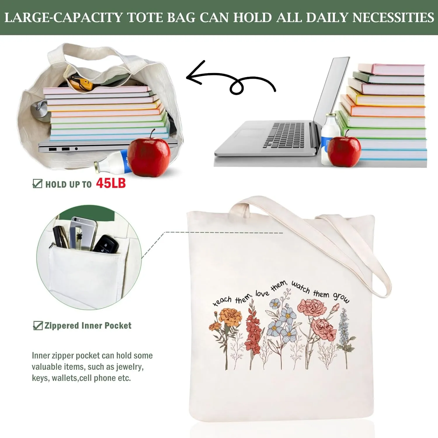 Teacher Appreciation Gifts Canvas Tote Bags Aesthetic for Women Cloth Cotton Bags Travel Bag Reusable Grocery Shopping Bag