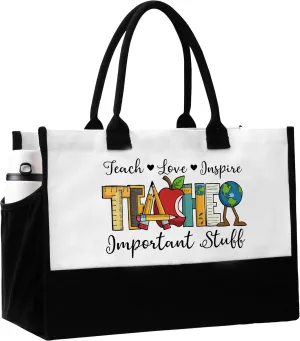 Teacher Tote Bag, Teacher's Day Appreciation Gifts for Women, Teachers Tote Bags with Pockets, Important Stuff Reusable Beach Bag Birthday Gift for Travel Shopping - C04