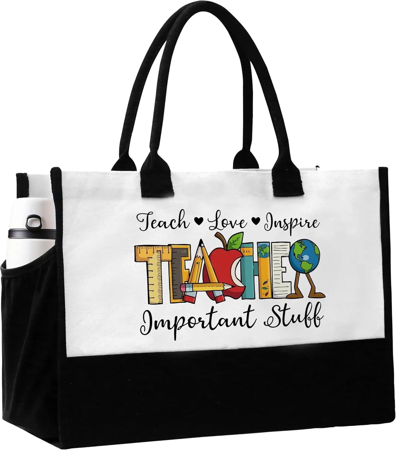 Teacher Tote Bag, Teacher's Day Appreciation Gifts for Women, Teachers Tote Bags with Pockets, Important Stuff Reusable Beach Bag Birthday Gift for Travel Shopping - C04