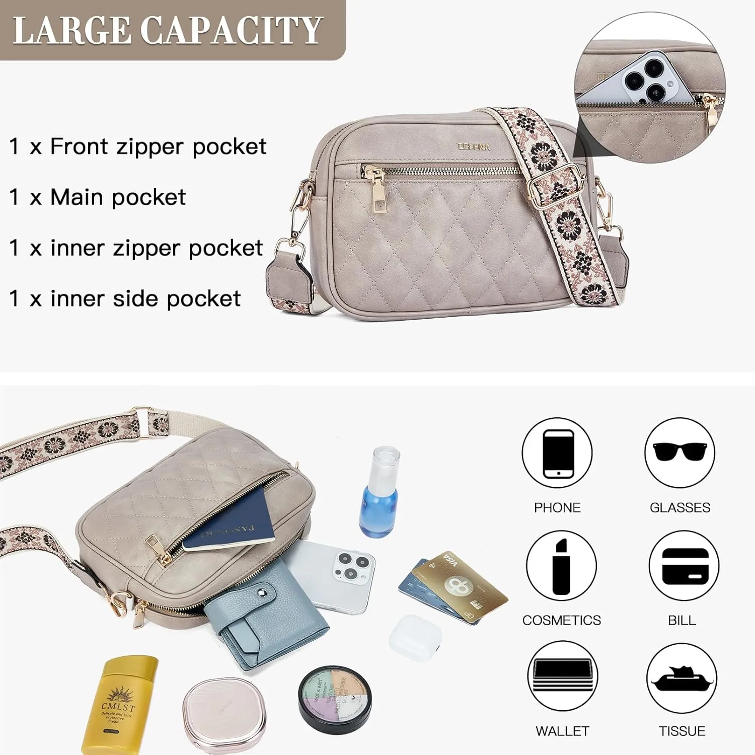 Telena Crossbody bags for Women Trendy Quilted Crossbody Bag Faux Leather Purse with Wide Strap