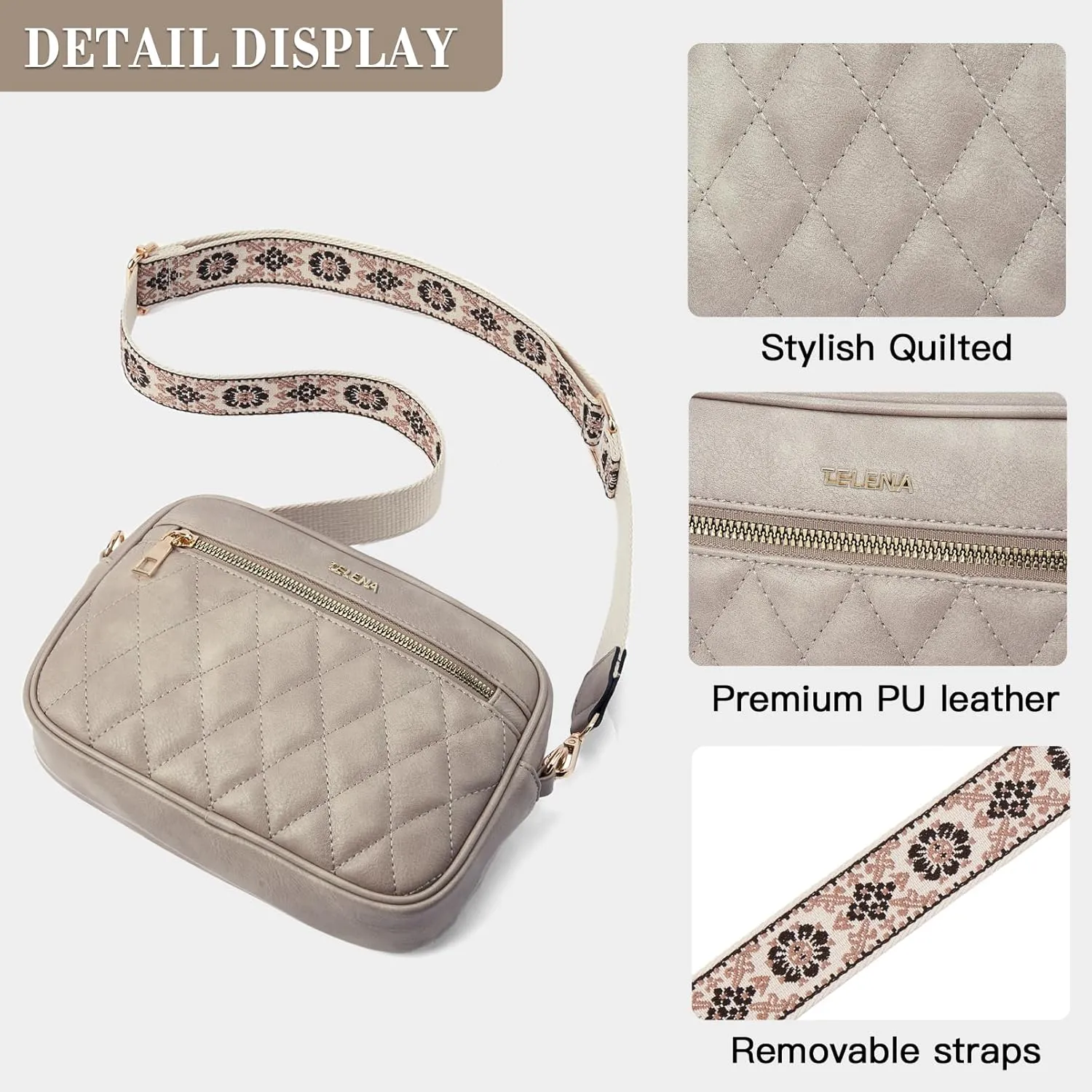 Telena Crossbody bags for Women Trendy Quilted Crossbody Bag Faux Leather Purse with Wide Strap